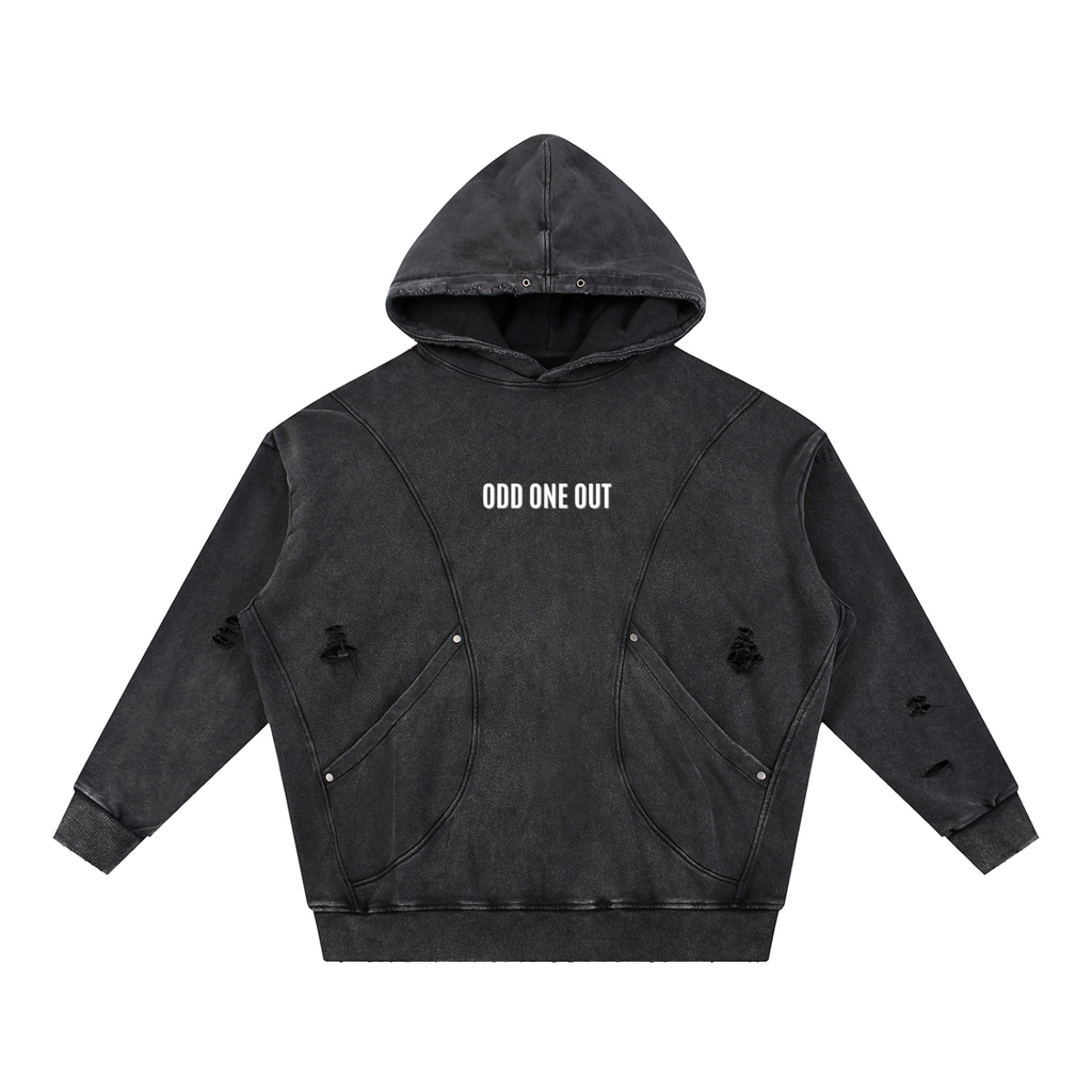 Black - Snow Washed Distressed Panel Pocket Hoodie