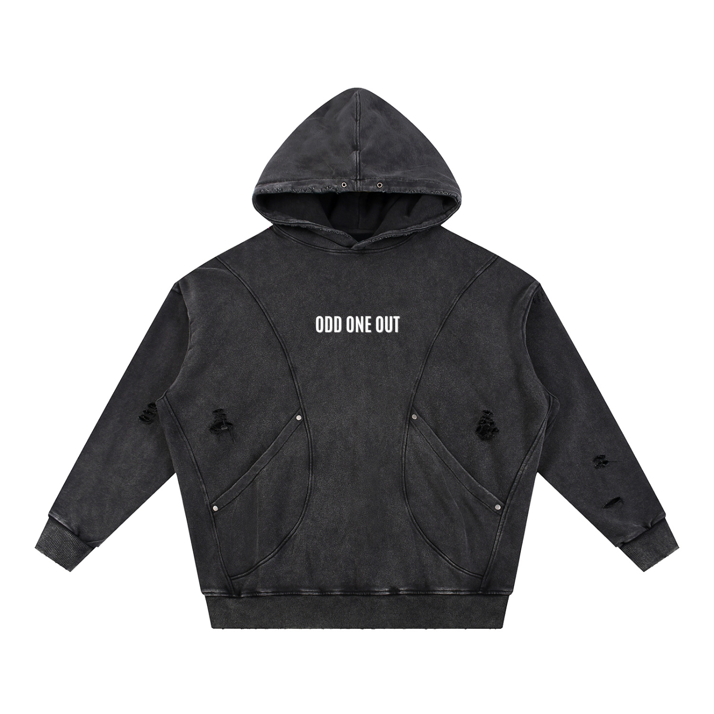 Black - Snow Washed Distressed Panel Pocket Hoodie