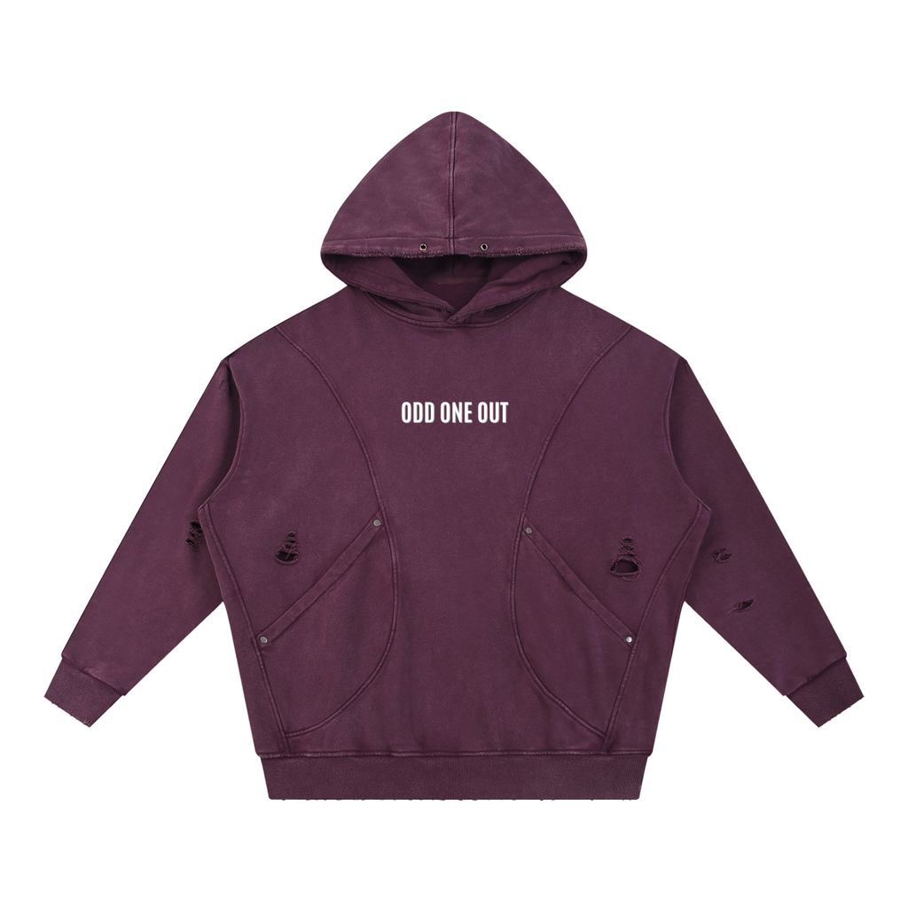 Plum - Snow Washed Distressed Panel Pocket Hoodie