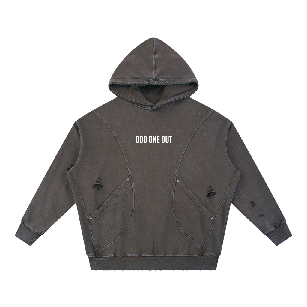 Coffee - Snow Washed Distressed Panel Pocket Hoodie