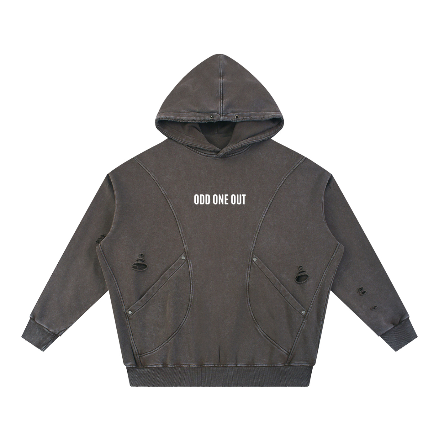Coffee - Snow Washed Distressed Panel Pocket Hoodie